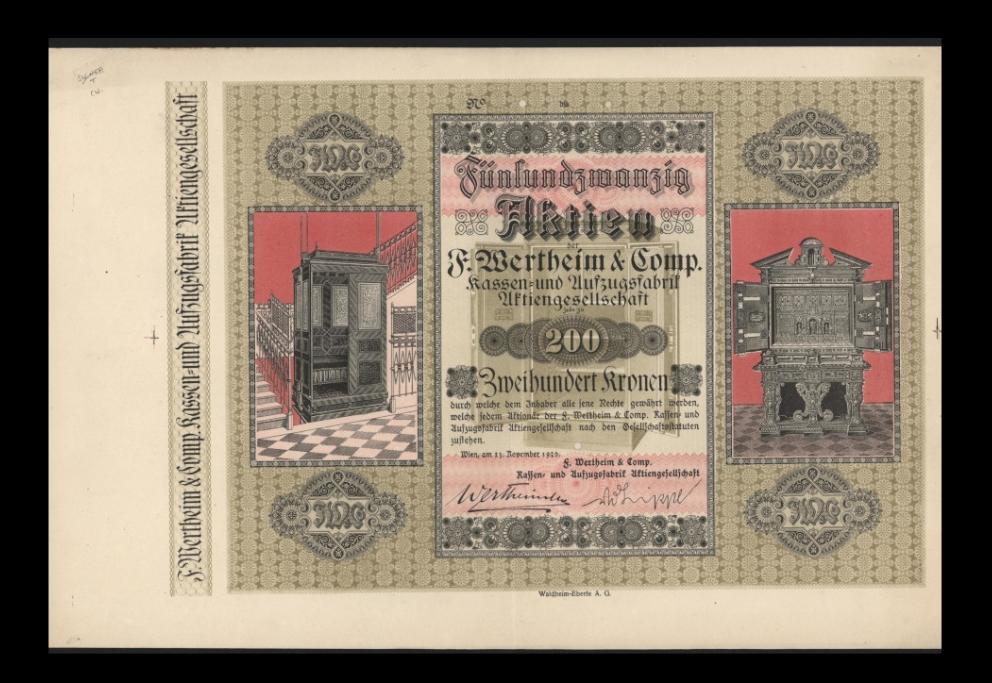 Aktien, 6. Fünfundzwanzig Aktien der F. Wertheim & Comp. Jede zu zweihundert Kronen, 1920, Inv.Nr. AW00077