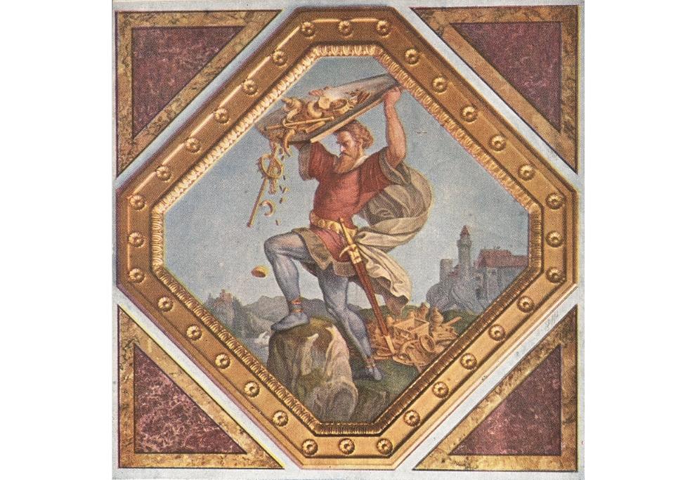 Postkarte "Nibelungen", Hagen versenkt den Schatz im Rhein, Freskogemälde von Julius Schnorr von Carolsfeld in der Residenz in Müchen.