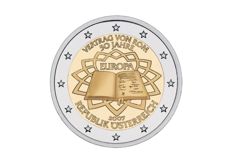 Österreichische 2‑Euro‑Gedenkmünze 2007 ‚50 Jahre Vertrag von Rom‘ mit geöffnetem Vertrag vor dem Kapitolsplatz und EU‑Sternen im äußeren Ring.