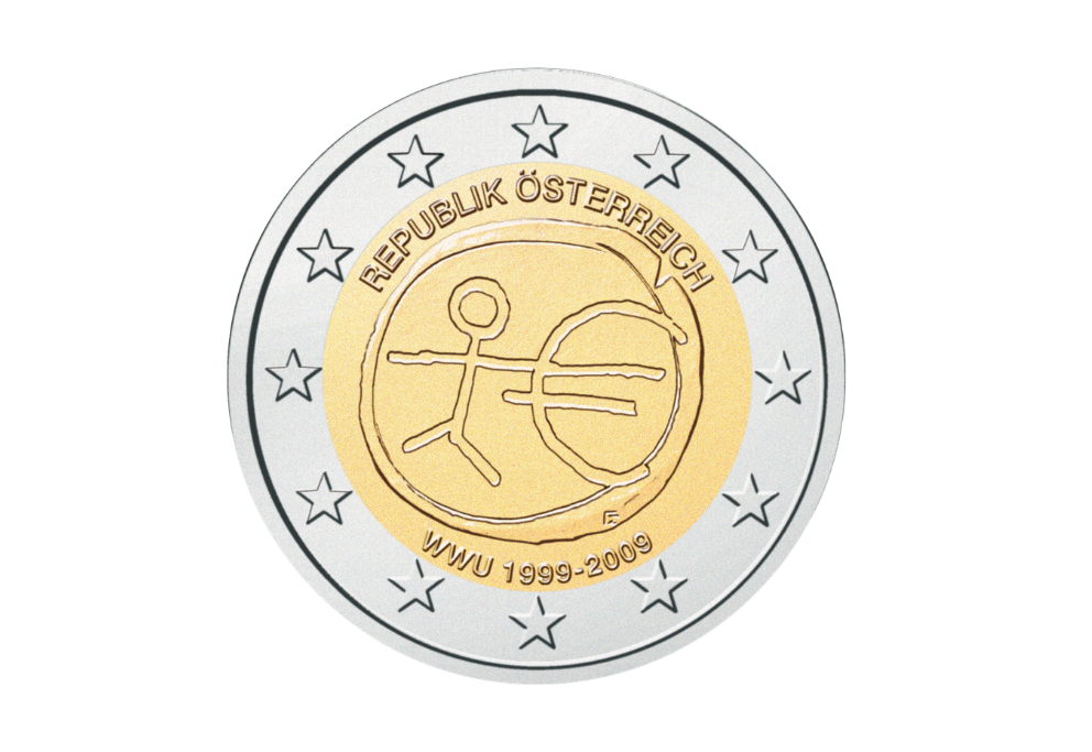 Österreichische 2‑Euro‑Gedenkmünze 2009 ‚10 Jahre WWU‘ mit stilisiertem Euro‑Symbol, menschlicher Figur und grafischen Elementen zur wirtschaftlichen Entwicklung.