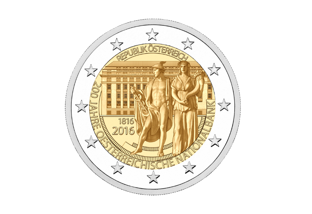 Österreichische 2‑Euro‑Gedenkmünze 2016 ‚200 Jahre OeNB‘ mit klassizistischer Bankfassade und Lorbeerzweigen.