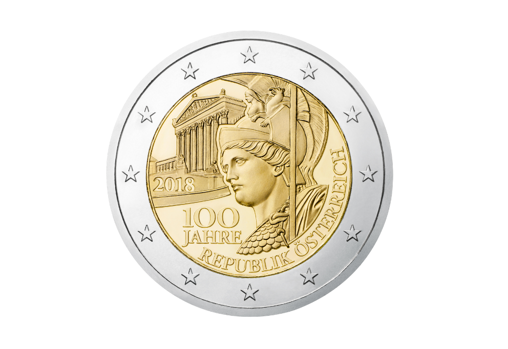 Österreichische 2‑Euro‑Gedenkmünze 2018 ‚100 Jahre Republik Österreich‘ mit Porträt von Staatskanzler Karl Renner und Staatswappen.