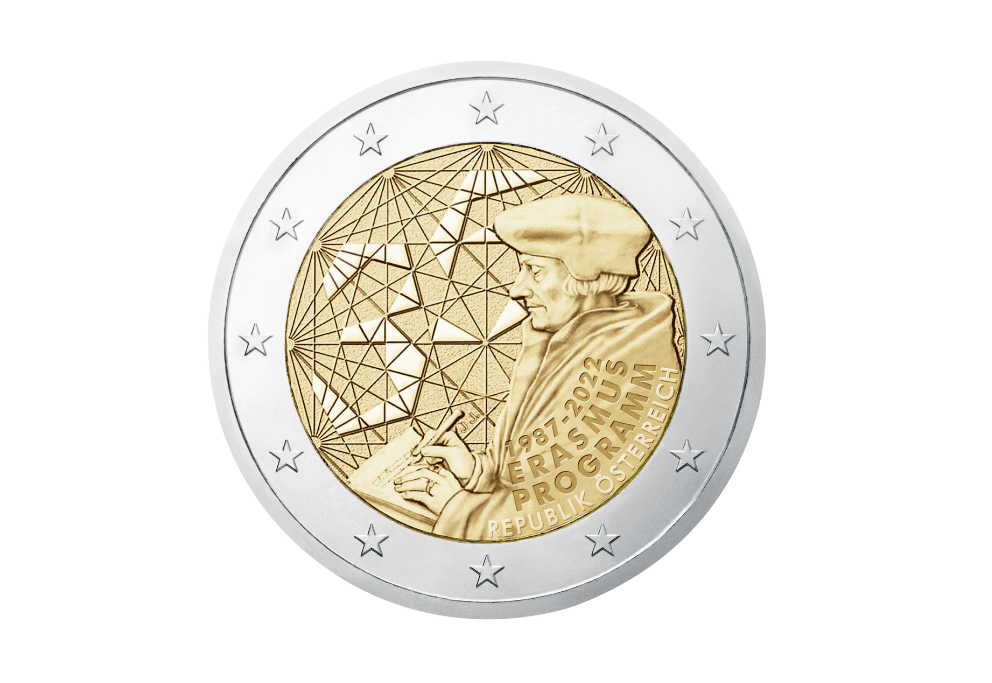 Österreichische 2‑Euro‑Gedenkmünze 2022 ‚35 Jahre Erasmus‘ mit Porträt von Erasmus von Rotterdam und Netzwerk‑Symbolik.