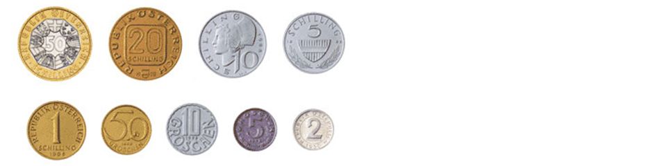 Noch umtauschbare Schilling-Umlaufmünzen, von 1 Groschen bis 50 Schilling