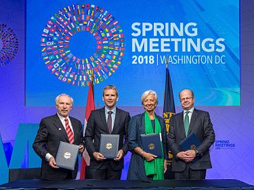 Governor Ewald Nowotny, Minister of Finance Hartwig Löger,  Managing Director of the IMF Christine Lagarde, Vice-Governor Andreas Ittner