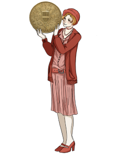 Moneta, eine Frau, hält einen überdimensionalen Schilling