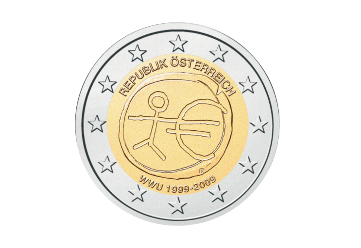 Österreichische 2‑Euro‑Gedenkmünze 2009 ‚10 Jahre WWU‘ mit stilisiertem Euro‑Symbol, menschlicher Figur und grafischen Elementen zur wirtschaftlichen Entwicklung.