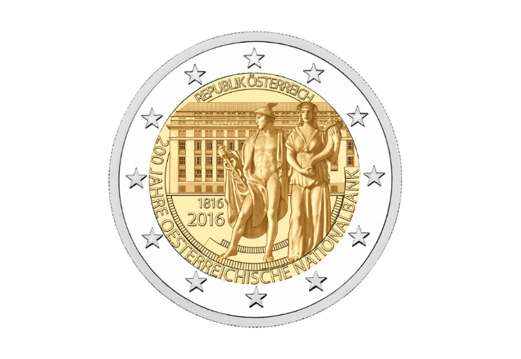 Österreichische 2‑Euro‑Gedenkmünze 2016 ‚200 Jahre OeNB‘ mit klassizistischer Bankfassade und Lorbeerzweigen.