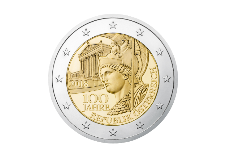 Österreichische 2‑Euro‑Gedenkmünze 2018 ‚100 Jahre Republik Österreich‘ mit Porträt von Staatskanzler Karl Renner und Staatswappen.