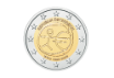 Österreichische 2‑Euro‑Gedenkmünze 2009 ‚10 Jahre WWU‘ mit stilisiertem Euro‑Symbol, menschlicher Figur und grafischen Elementen zur wirtschaftlichen Entwicklung.