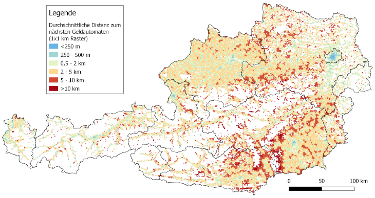 Landkarte: durchschnittliche Distanz zum nächsten Geldautomaten