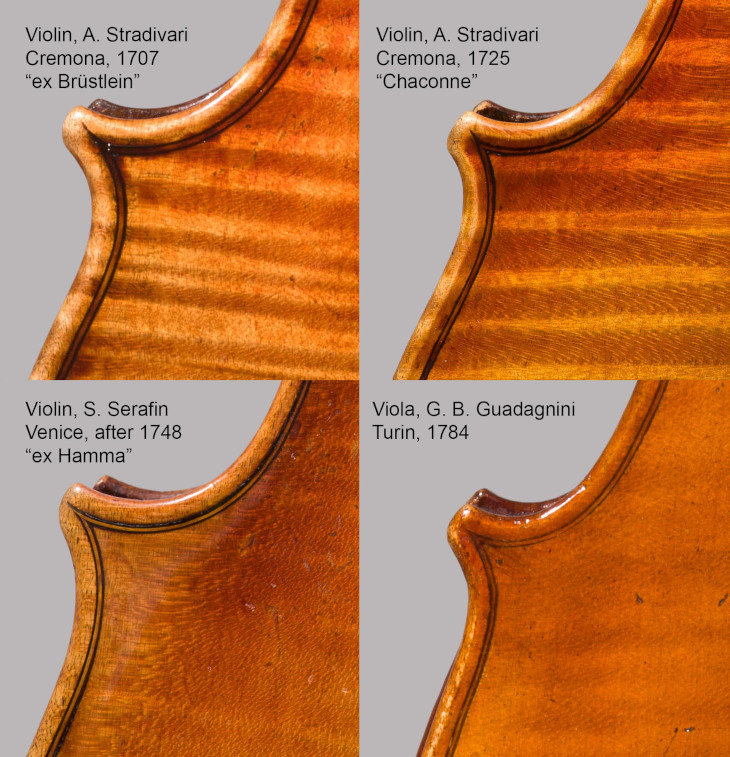 Purfling of four violins.