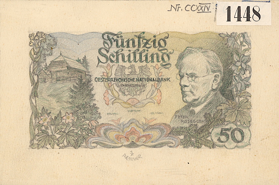 Entwurf für die Vorderseite einer Reservenote zu 50 Schilling 1952