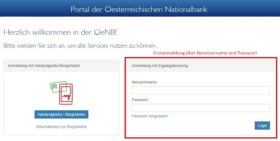 Login-Maske am OeNB-Portal