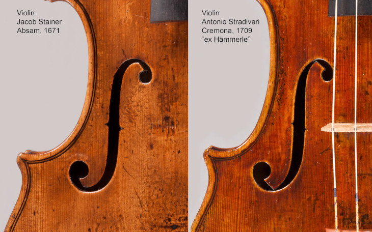 F-holes of two violins, Jacob Stainer, 1671 and Antonio Stradivari, 1709.