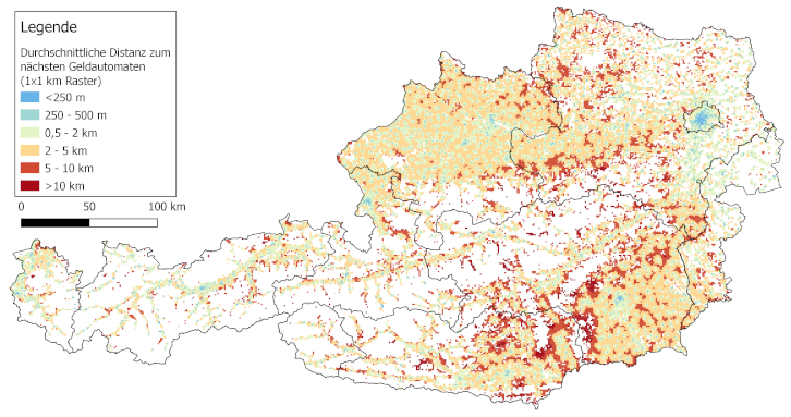 Österreich-Karte: Durchschnittliche Distanz zum nächsten Geldautomaten