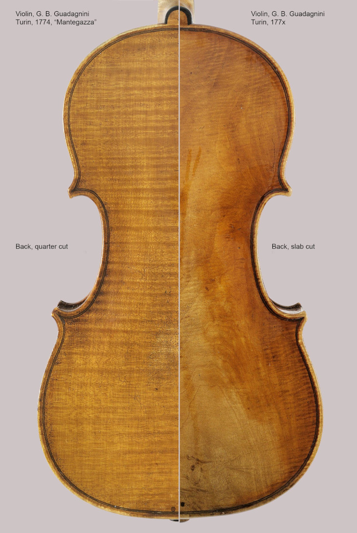 Quarter cut of the violin Guadagnini, 1774, and slab cut of the violin Guadignini, 177x