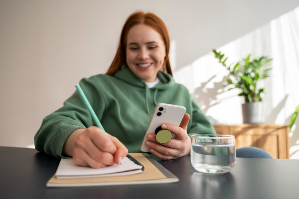 Mädchen mit dem Mobiltelefon und Blog